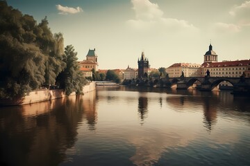 Fototapeta premium A river with a bridge and buildings along it Generative AI
