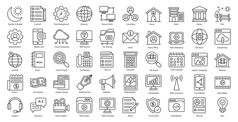 Obraz na płótnie Canvas Freelancer Thin Line Icons Remote Work Icon Set in Outline Style 50 Vector Icons in Black