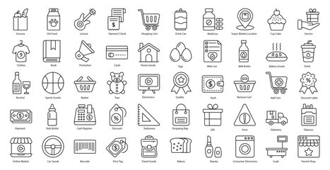 Obraz na płótnie Canvas Super Market Thin Line Icons Shopping Shop Icon Set in Outline Style 50 Vector Icons in Black
