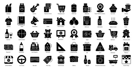 Super Market Glyph Icons Shopping Shop Icon Set in Glyph Style 50 Vector Icons in Black