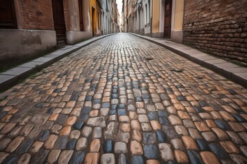 Fototapeta na wymiar A cobblestone street with a brick sidewalk and a brick building Generative AI