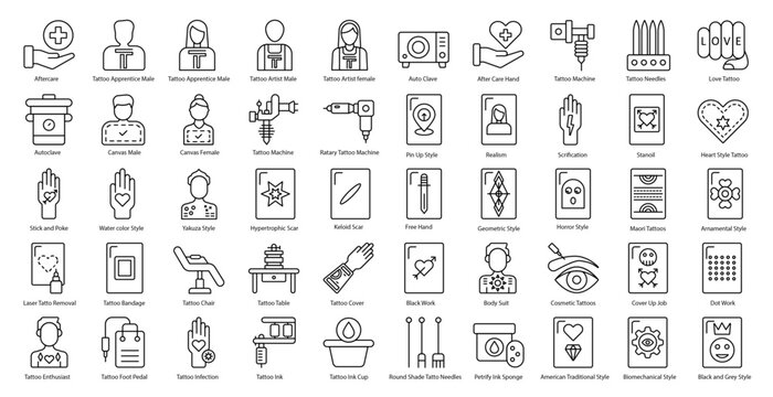 Tattoo Thin Line Icons Tattoos Body Suit Icon Set in Outline Style 50 Vector Icons in Black