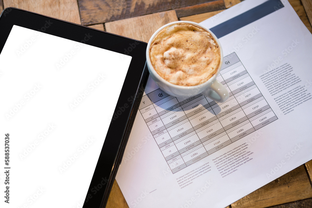 Poster digital tablet with coffee and document on table