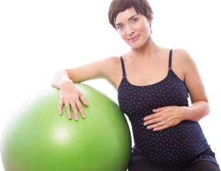 Happy pregnant woman with exercise ball over white background
