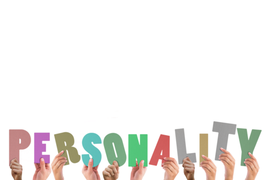 Hands holding colorful word personality 