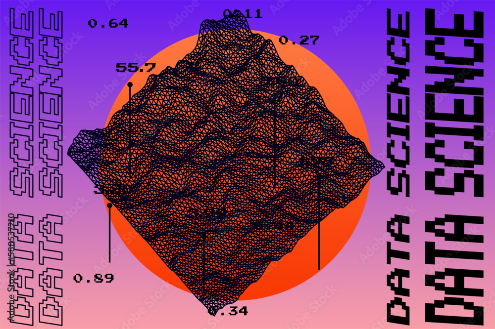 Poster Data visualization in a 3D abstract geometric graph. Analysis and mathematical statistics subject illustration.