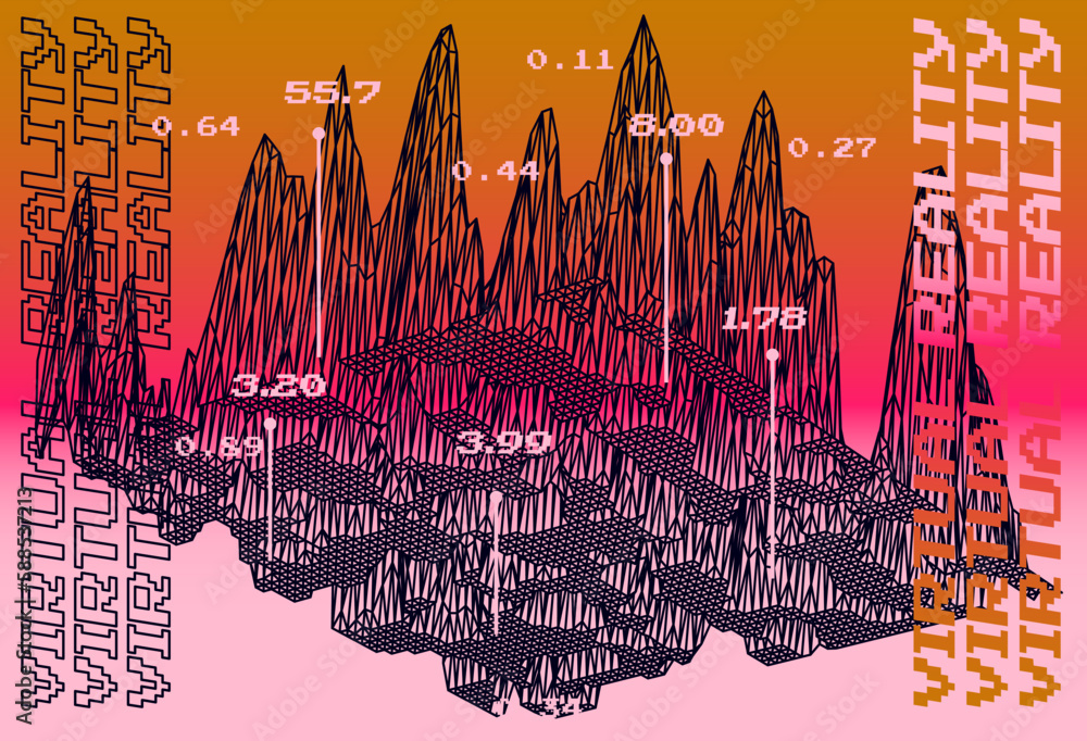 Poster 3D glitched and distorted plane made of mesh. Computer science and virtual reality subject illustration.