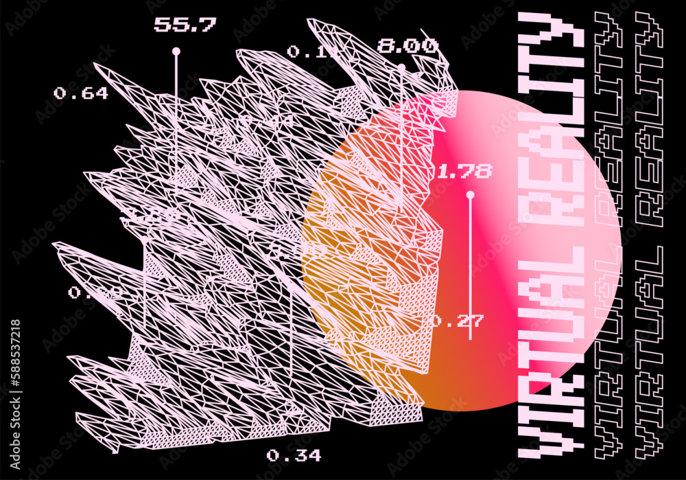 Poster 3D glitched and distorted plane made of mesh. Computer science and virtual reality subject illustration.