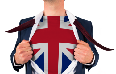 Businessman opening shirt to reveal union jack flag
