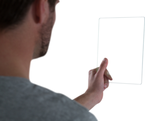 Man using glass digital tablet