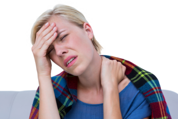 Sick blond woman suffering from headache and neck pain