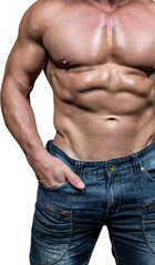 Midsection of shirtless man with hands in pocket