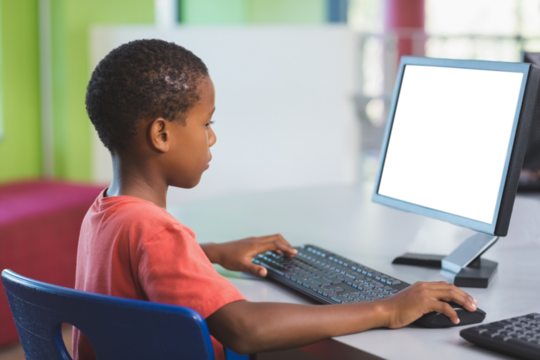 Schoolboy using computer in classroom