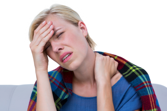 Sick blond woman suffering from headache and neck pain - Powered by Adobe