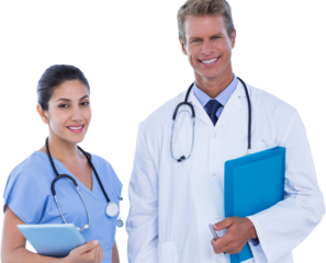 Portrait of male doctor with nurse smiling