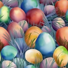 Fototapeta na wymiar easter eggs on a greenish grassy background, seamless digital pattern, watercolor style