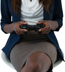 Mid section of businesswoman playing video game