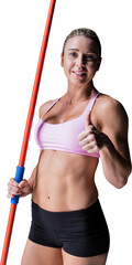 Female athlete holding a javelin and showing a thumbs up