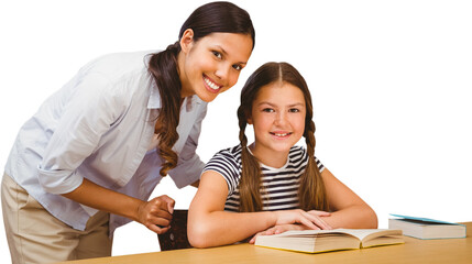 Female teacher and little girl in library