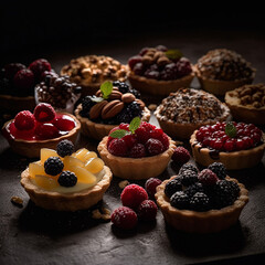 mini-gâteaux français (mini French cakes),
macarons,
madeleines,
éclairs,
financiers,
cannelés,
tartes (tarts),
mignardises (small pastries),
choux à la crème (cream puffs),
calissons,
croissants,
pai