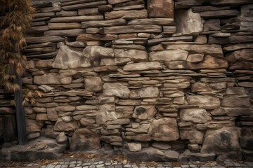 Fototapeta premium A stone wall with a tree Generative AI