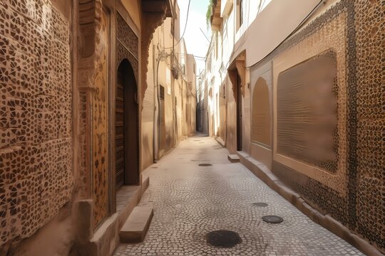 A narrow alley way with stone walls Generative AI