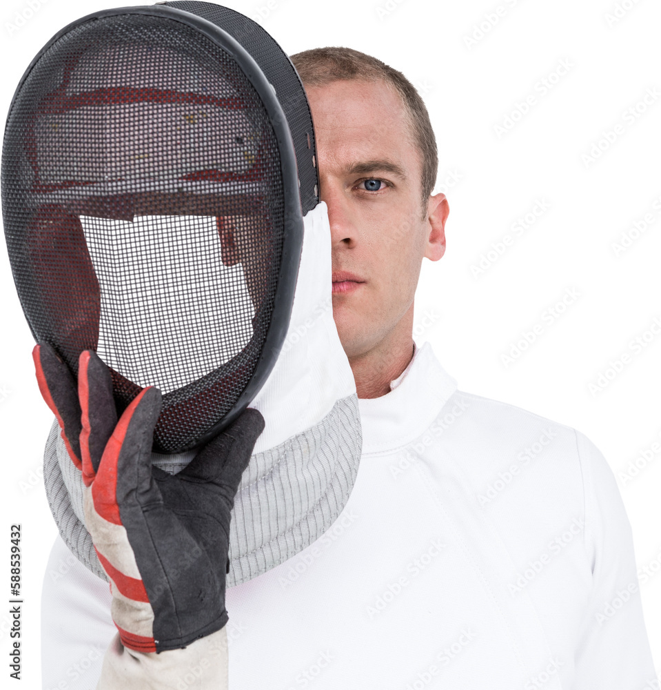 Poster Swordsman holding fencing mask