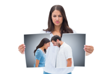 Women holding photo of a couple disputing 
