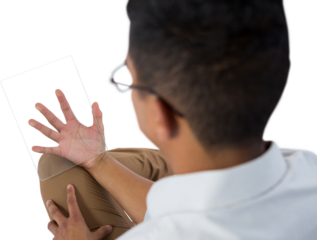 Man using glass digital tablet