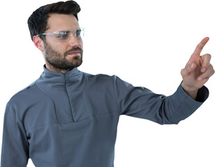 Man wearing protective eyewear while pretending to touch invisible object