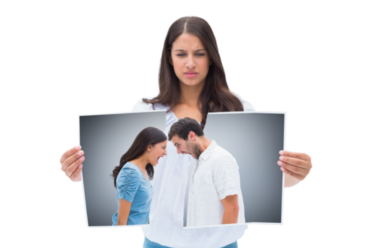 Women holding photo of a couple disputing 