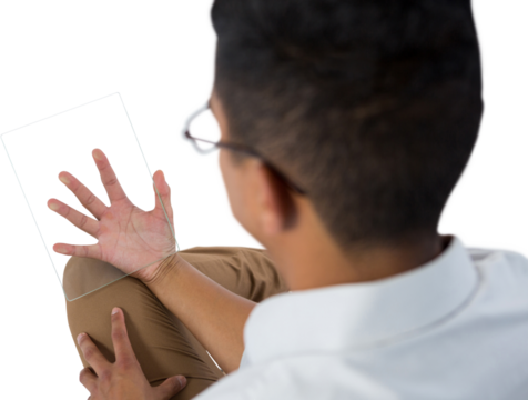 Man using glass digital tablet