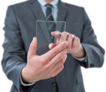 Midsection of businessman using futuristic mobile phone