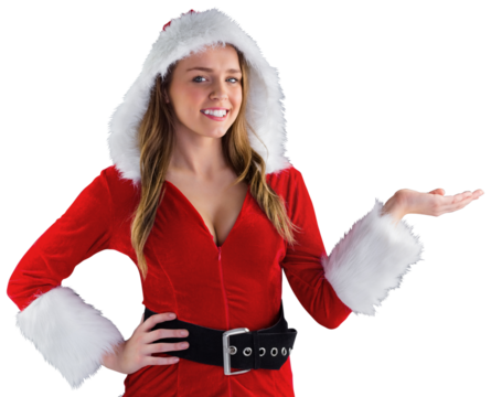 Sexy santa girl presenting with hand