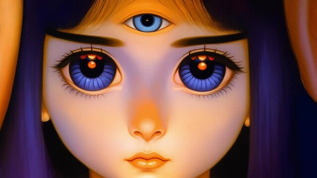 Eerie Big Eyed Staring Girl with Psychic Third Eye. Slowly Morphing Animation. [Sci-Fi / Fantasy / Horror Animated Clip]