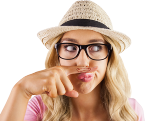 A beautiful hipster having a fake mustache 