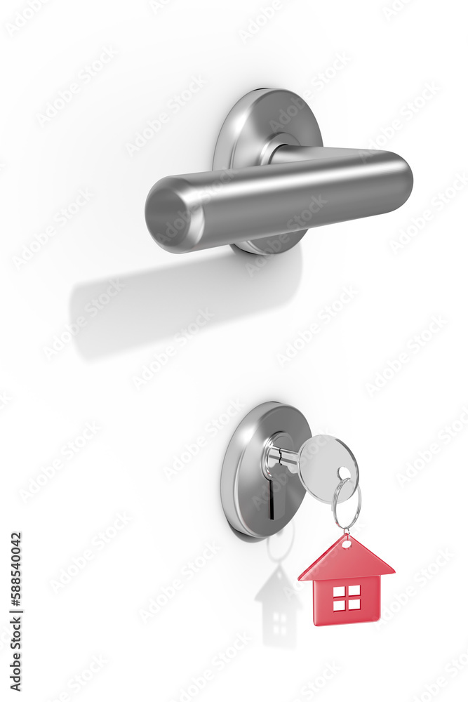 Poster digitally generated image of metallic doorknob and lock with red key ring