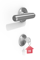 Digitally generated image of metallic doorknob and lock with red key ring