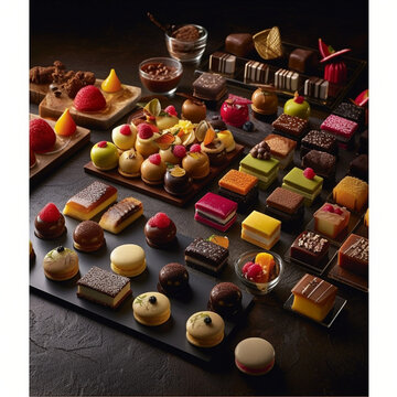 mini-g&acirc;teaux fran&ccedil;ais (mini French cakes),
macarons,
madeleines,
&eacute;clairs,
financiers,
cannel&eacute;s,
tartes (tarts),
mignardises (small pastries),
choux &agrave; la cr&egrave;me (cream puffs),
calissons,
croissants,
pai
