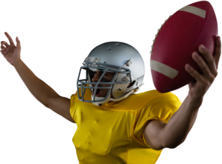American football player cheering with ball in hand
