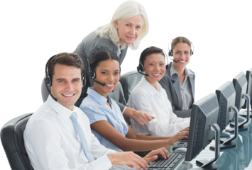 Portrait of businesswoman assisting employees