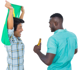 Football fans holding beer and flag while cheering