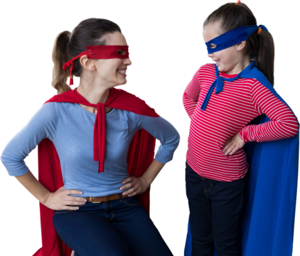 Mother and daughter pretending to be superhero