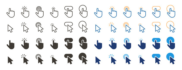 Set collection of vector cursor icons with arrow pointer and hand finger in different styles and different clicks