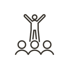 Vector thin line icon outline graphic illustration of a person with arms up talking to a crowd of people