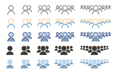 Set of vector icons of a person, a team, crowd, multiple persons in 4 different styles and with multiple number of people.