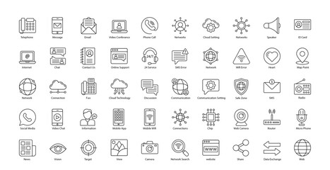 Obraz na płótnie Canvas Communication Thin line Icons Chatting Chat Discuss Icon Set in Outline Style 50 Vector Icons in Black