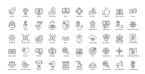 Obraz na płótnie Canvas Crowd Funding Thin Line Icons Finance Financial Business Icon Set in Outline Style 50 Vector Icons in Black