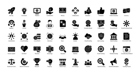 Fototapeta na wymiar Crowd Funding Glyph Icons Finance Financial Business Icon Set in Glyph Style 50 Vector Icons in Black