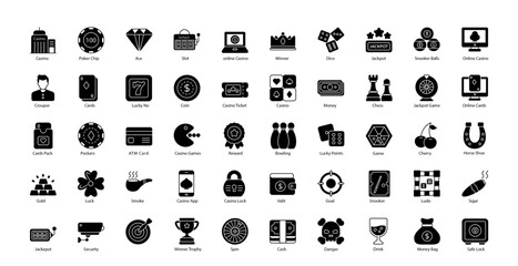 Casino Glyph Icons Gambling Gamble Game Icon Set in Glyph Style 50 Vector Icons in Black